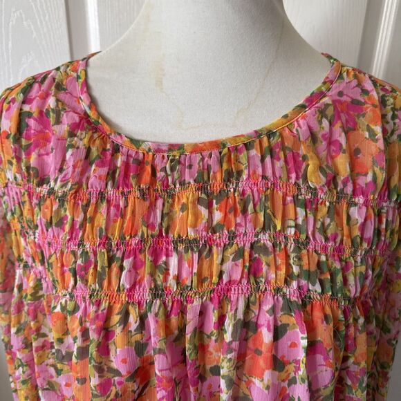 Terra Sky  Womens Peasant Top Plus 2X Pink Floral Shirred Cottagecore Lined Boho - Picture 4 of 16